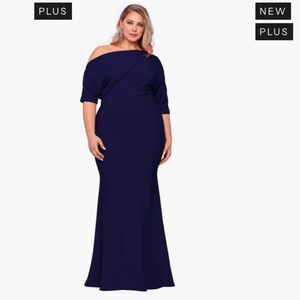 Betsy & Adam "Madeline" long scuba crepe, off-shoulder dress, navy, size 18w